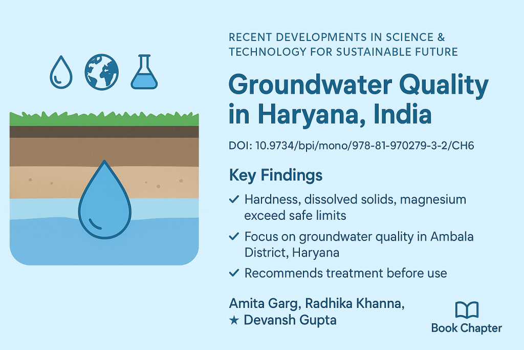This book chapter analyzes the physicochemical properties of groundwater in Ambala District, Haryana, including hardness, calcium, magnesium, alkalinity, carbonate, and dissolved oxygen. Results show that total hardness, dissolved solids, and magnesium exceed recommended safe limits, stressing the need for water treatment before human consumption.