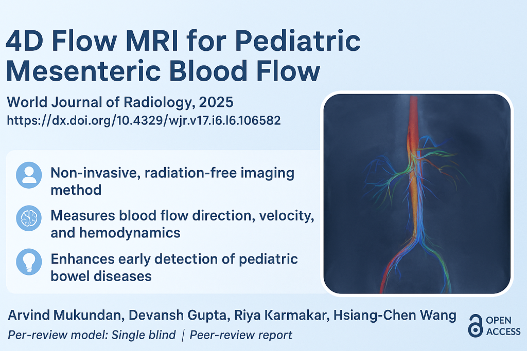 This Research & Publications By Devansh Gupta highlights the use of 4D flow MRI for measuring mesenteric blood flow in children. Unlike CT or Doppler ultrasound, it provides radiation-free, dynamic, time-resolved flow measurements of the superior mesenteric artery (SMA) and vein (SMV), improving safety and diagnostic accuracy in pediatric gastrointestinal disorders By Devansh Gupta